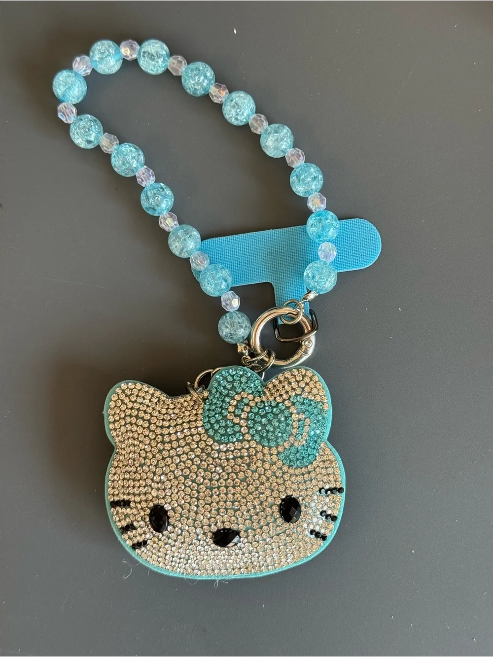 Rhinestone HK Kitty Cartoon Face Phone Charm Wristlet Strap - Light Blue NWOT